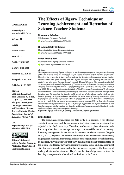 (PDF) The Effects of Jigsaw Technique on Learning Achievement and