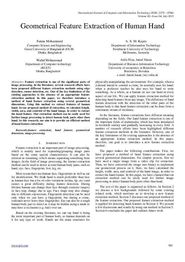 (PDF) Geometrical Feature Extraction of Human Hand