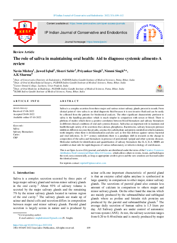 (PDF) The role of saliva in maintaining oral health Aid to diagnose