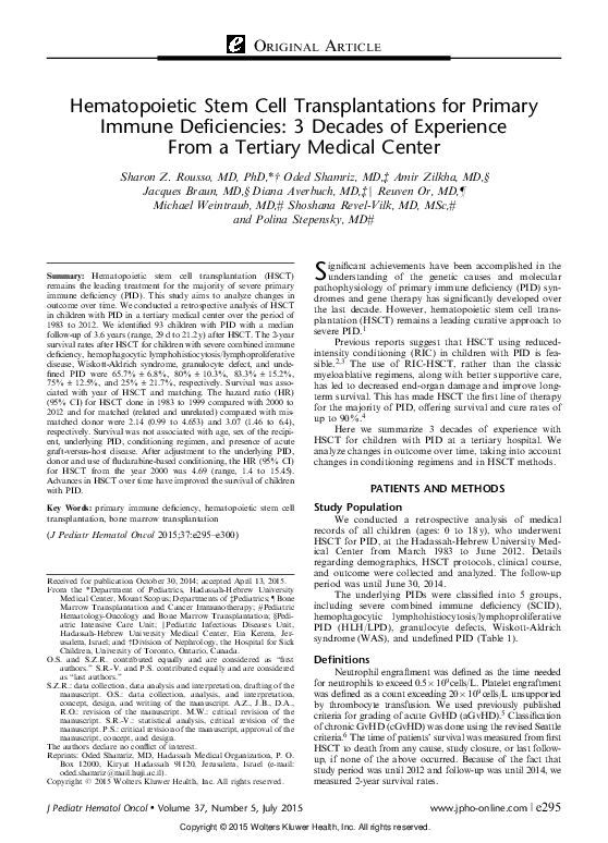 (PDF) Hematopoietic Stem Cell Transplantations for Primary Immune ...