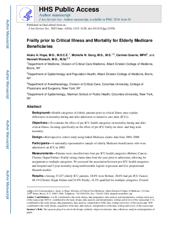 (PDF) Frailty Before Critical Illness and Mortality for Elderly ...