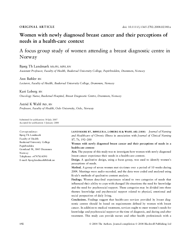 (PDF) Women with newly diagnosed breast cancer and their perceptions of ...