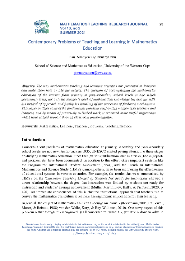 (PDF) Contemporary Problems of Teaching and Learning in Mathematics ...