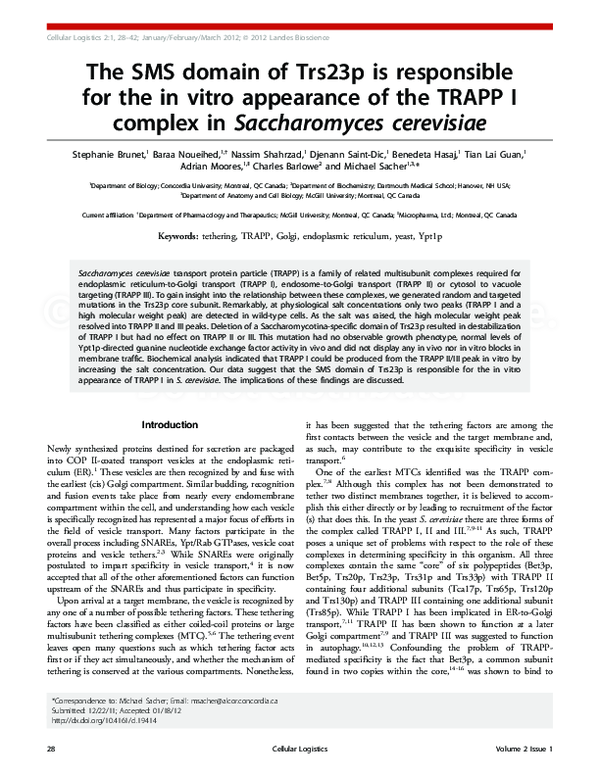 (PDF) The SMS domain of Trs23p is responsible for the in vitro ...