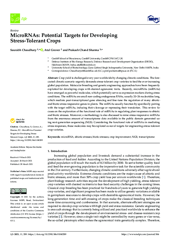(PDF) MicroRNAs: Potential Targets for Developing Stress-Tolerant Crops