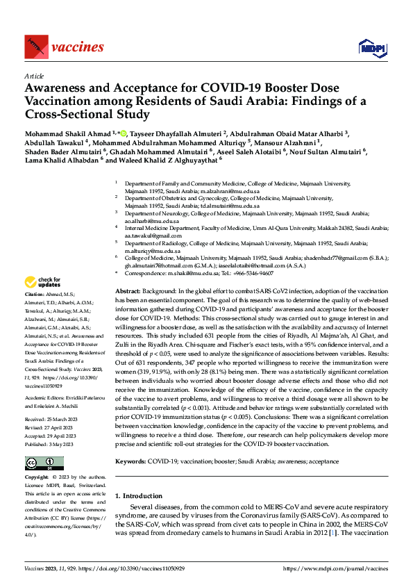 (PDF) Awareness and Acceptance for COVID-19 Booster Dose Vaccination ...