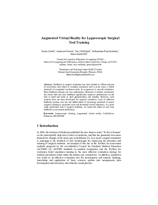 (PDF) Augmented Virtual Reality for Laparoscopic Surgical Tool Training