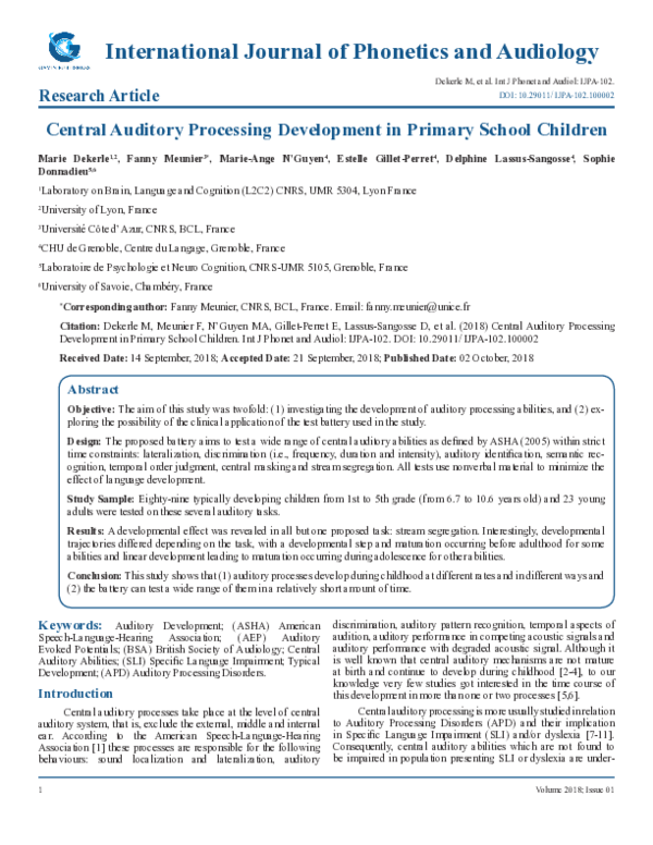 (PDF) Central Auditory Processing Development in Primary School Children