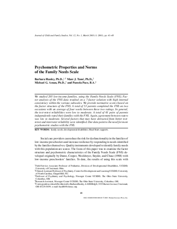 (PDF) Psychometric Properties and Norms of the Family Needs Scale
