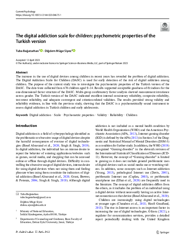 (PDF) The digital addiction scale for children: psychometric properties ...