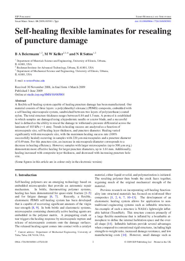 (PDF) Self-healing flexible laminates for resealing of puncture damage