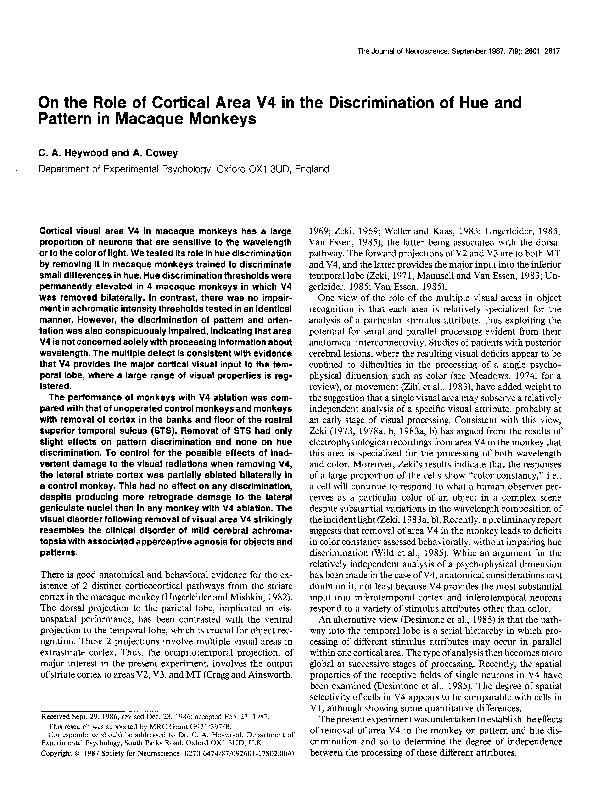 (PDF) On the role of cortical area V4 in the discrimination of hue and ...