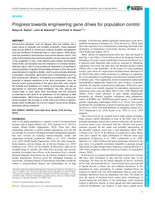 (PDF) Progress towards engineering gene drives for population control