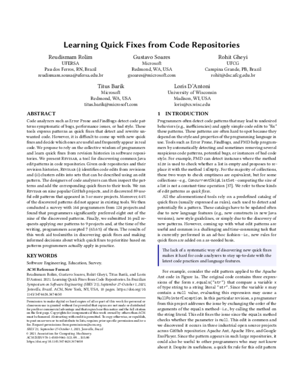 (PDF) Learning Quick Fixes from Code Repositories | Gustavo Soares ...