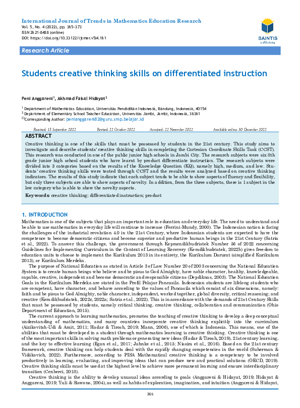(PDF) Students creative thinking skills on differentiated instruction