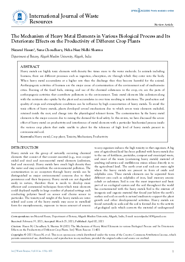 (PDF) The Mechanism of Heavy Metal Elements in various Biological ...