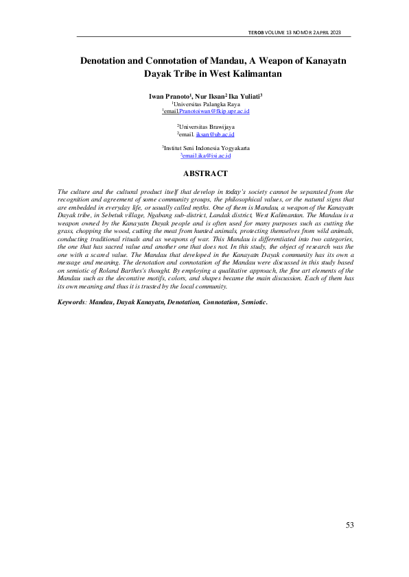 (PDF) Denotation and Connotation of Mandau, A Weapon of Kanayatn Dayak ...