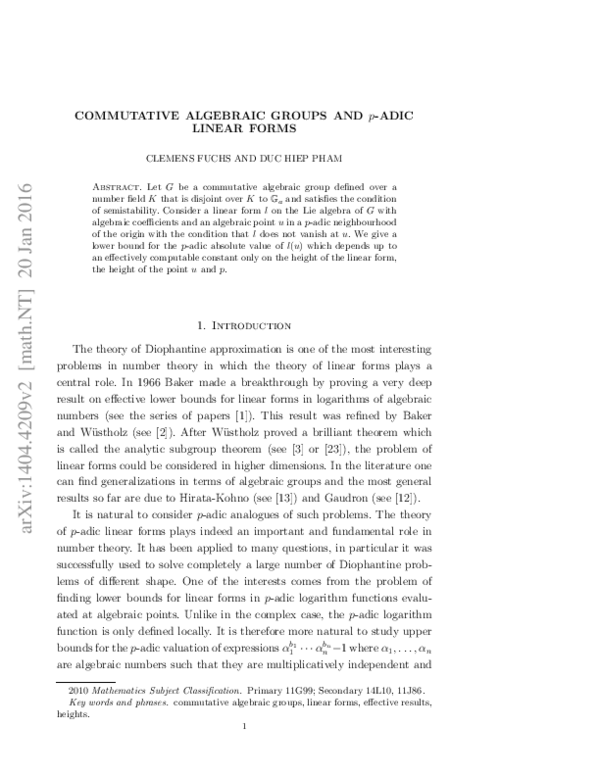(PDF) Commutative algebraic groups and p-adic linear forms
