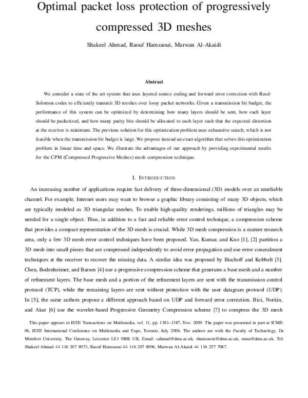 (PDF) Optimal Packet Loss Protection of Progressively Compressed 3-D Meshes