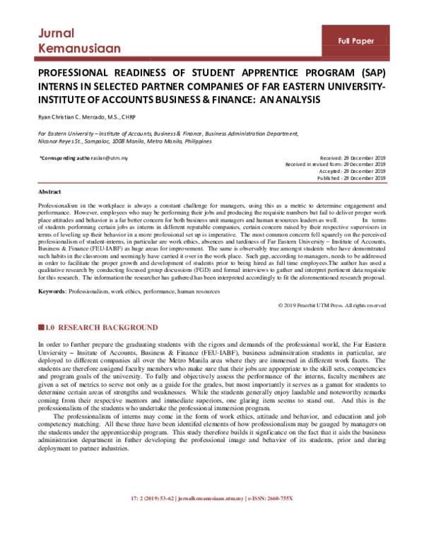 (PDF) Professional Readiness of Student Apprentice Program (Sap ...