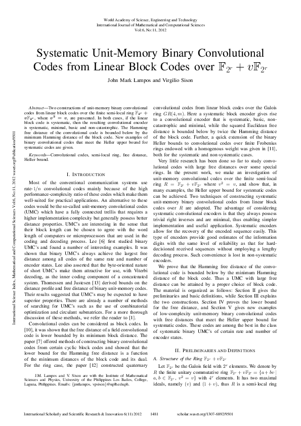 (PDF) Systematic Unit-Memory Binary Convolutional Codes From Linear ...