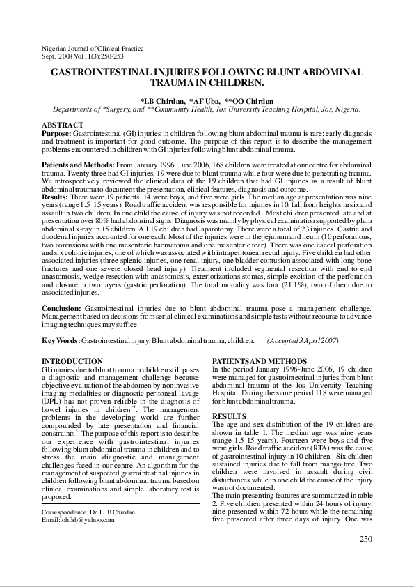 Gastrointestinal injuries following blunt abdominal trauma in children