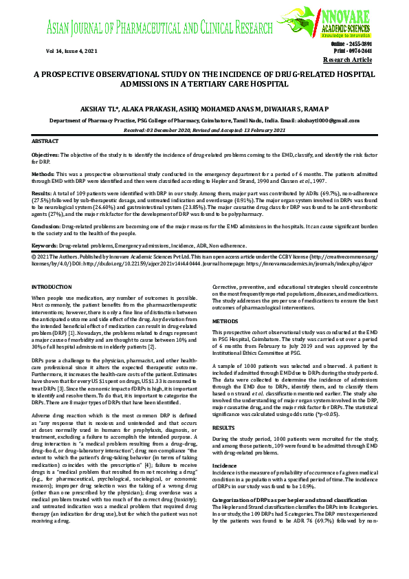 (PDF) A PROSPECTIVE OBSERVATIONAL STUDY ON THE INCIDENCE OF DRUG ...