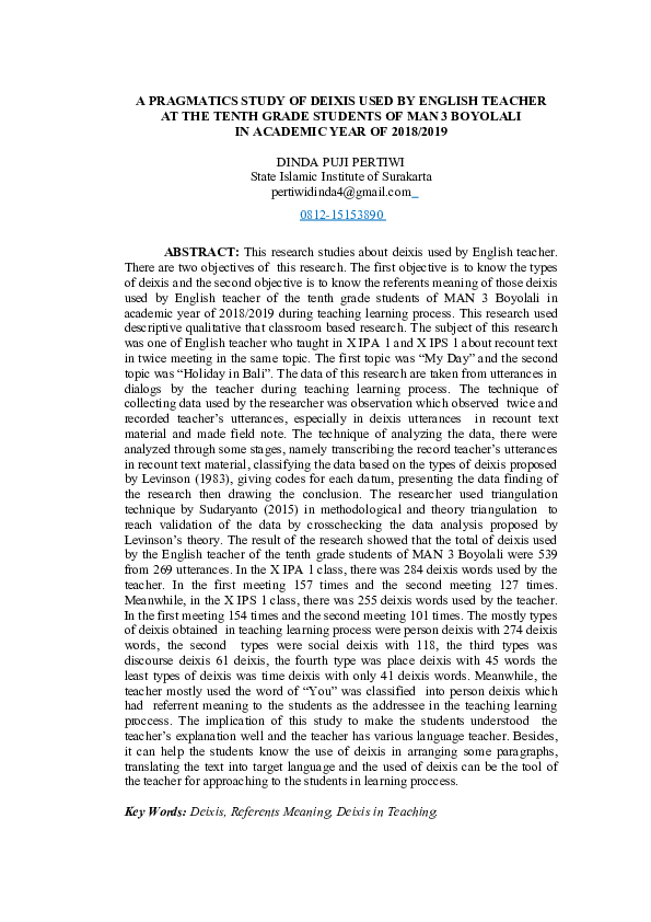 (DOC) A PRAGMATICS STUDY OF DEIXIS USED BY ENGLISH TEACHER AT THE TENTH ...