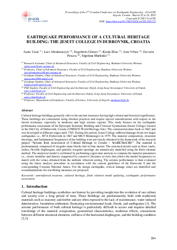 (PDF) Earthquake Performance of a Cultural Heritage Building: The ...