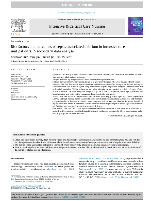 (PDF) Risk factors and outcomes of sepsis-associated delirium in ...