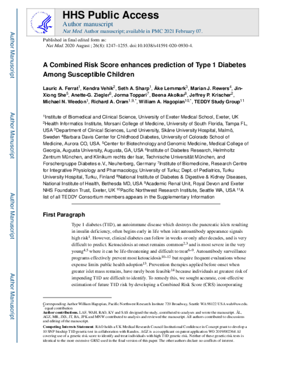 (PDF) A combined risk score enhances prediction of type 1 diabetes ...