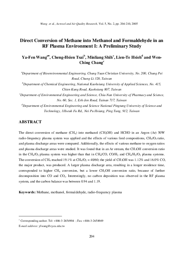 (PDF) Direct Conversion of Methane into Methanol and Formaldehyde in an ...