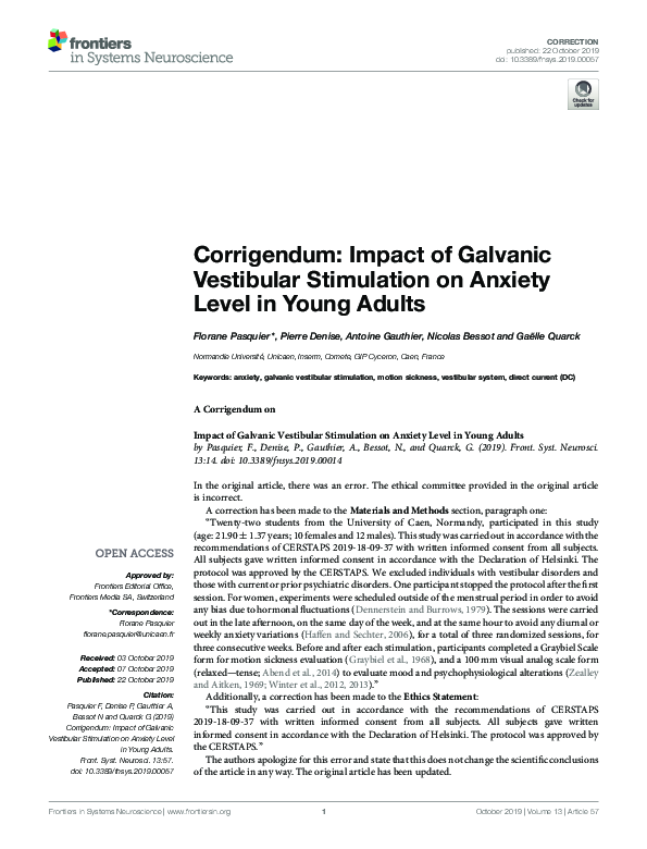 (PDF) Corrigendum: Impact of Galvanic Vestibular Stimulation on Anxiety ...