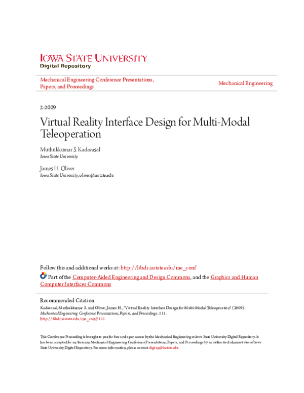 (PDF) Virtual Reality Interface Design for Multi-Modal Teleoperation