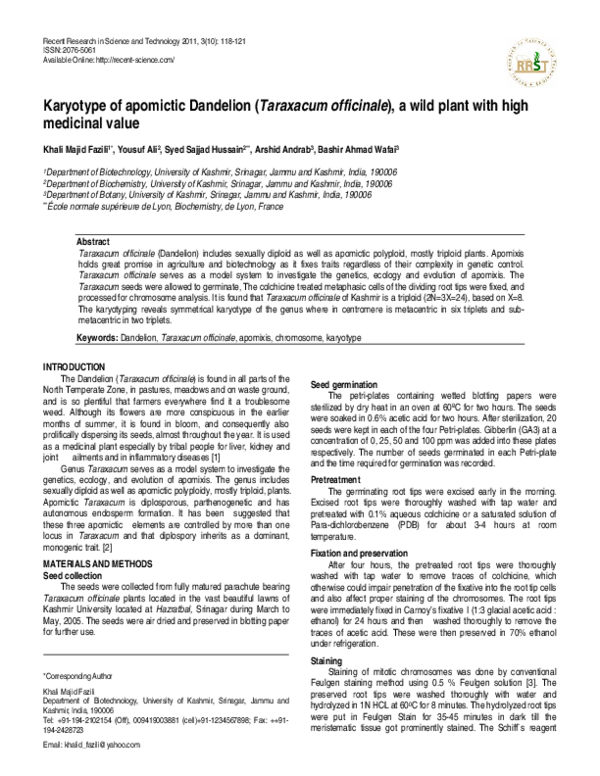 (PDF) Karyotype of apomictic Dandelion (Taraxacum officinale), a wild ...