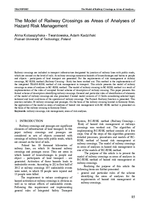 (PDF) The Model of Railway Crossings as Areas of Analyses of Hazard ...