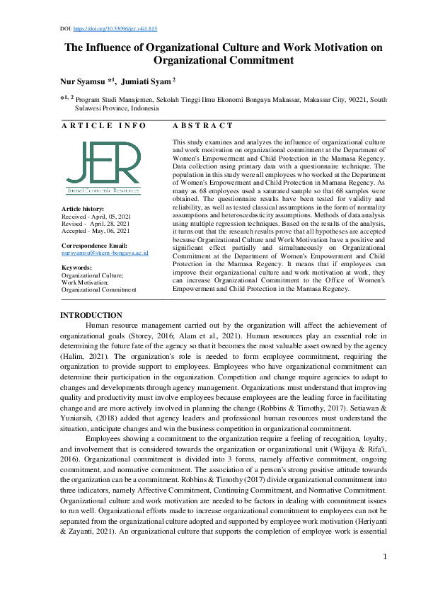 (PDF) The Influence of Organizational Culture and Work Motivation on ...