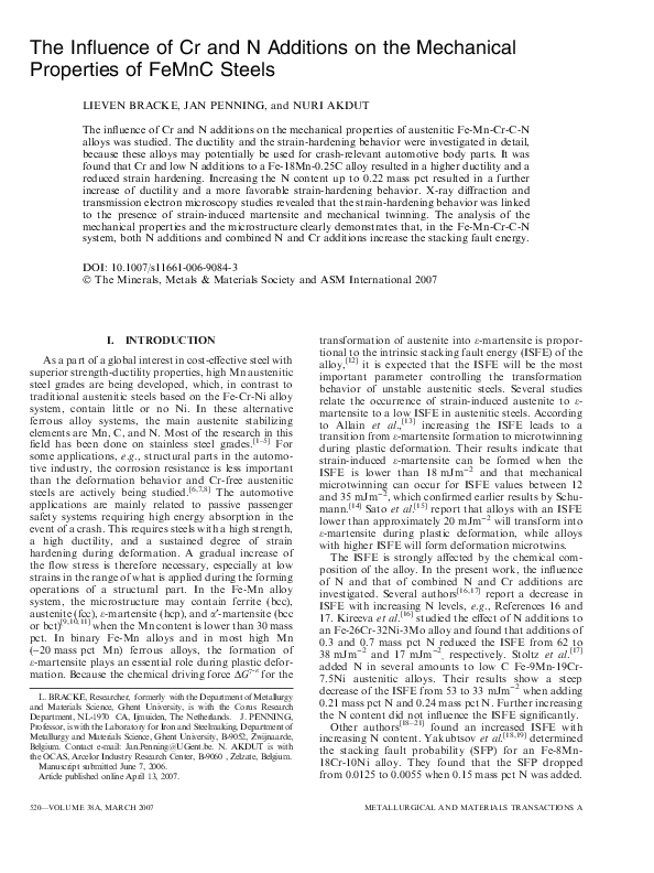 (PDF) The Influence of Cr and N Additions on the Mechanical Properties ...