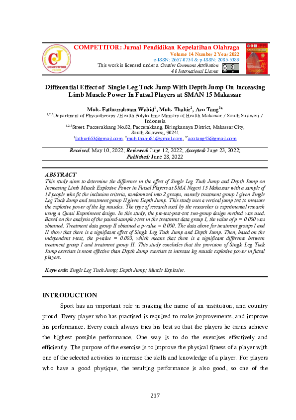 (PDF) Differential Effect of Single Leg Tuck Jump With Depth Jump On ...