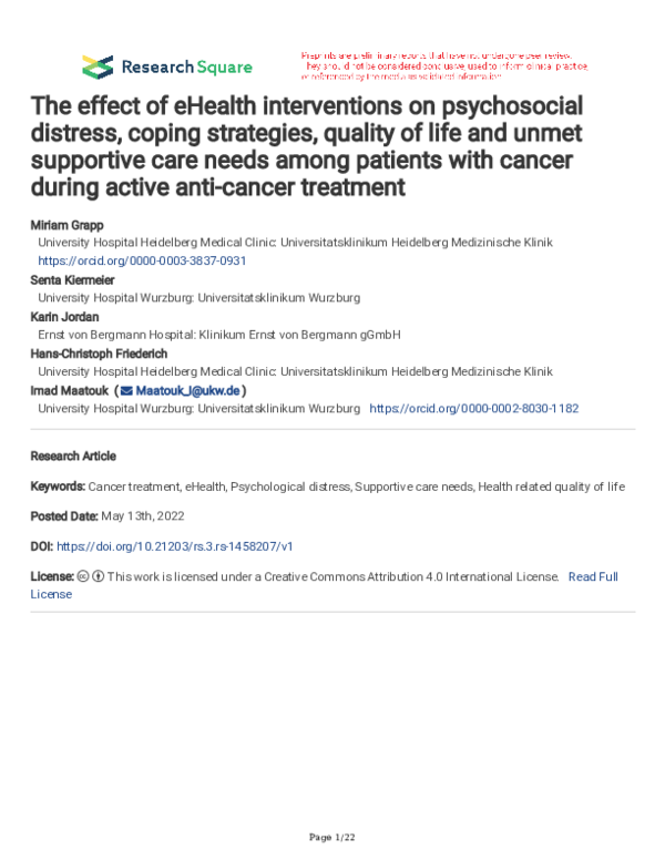 (PDF) The effect of eHealth interventions on psychosocial distress ...