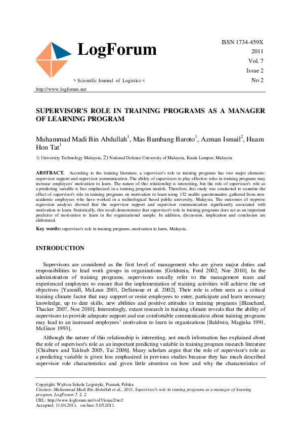 (PDF) Supervisor's role in training programs as a manager of learning ...