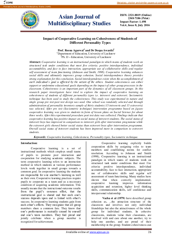 (PDF) Impact of Cooperative Learning on Cohesiveness of Students of ...