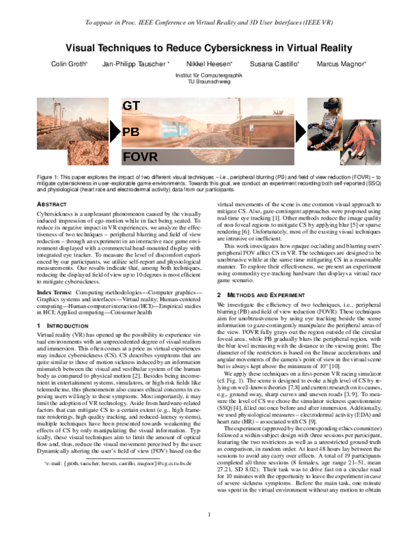 (PDF) Visual Techniques to Reduce Cybersickness in Virtual Reality