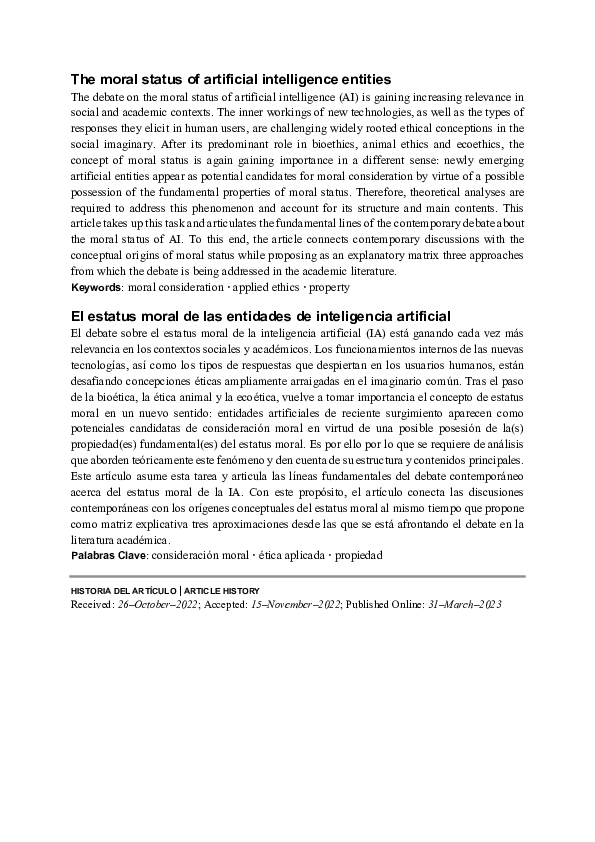 (PDF) The moral status of artificial intelligence entities del artículo