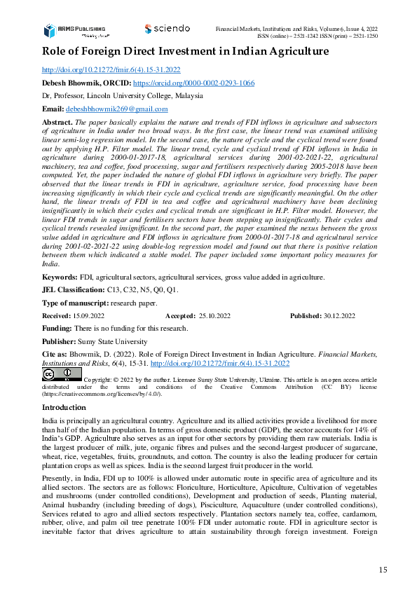 (PDF) Role of Foreign Direct Investment in Indian Agriculture