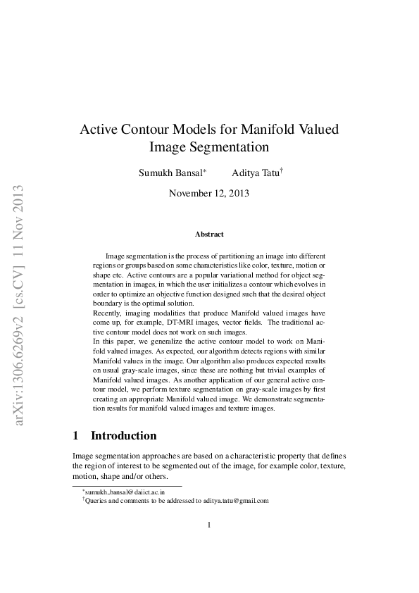 (PDF) Active Contour Models for Manifold Valued Image Segmentation