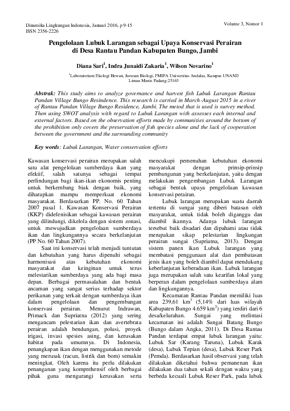 Pengelolaan Lubuk Larangan sebagai Upaya Konservasi Perairan di Desa Rantau Pandan Kabupaten Bungo, Jambi