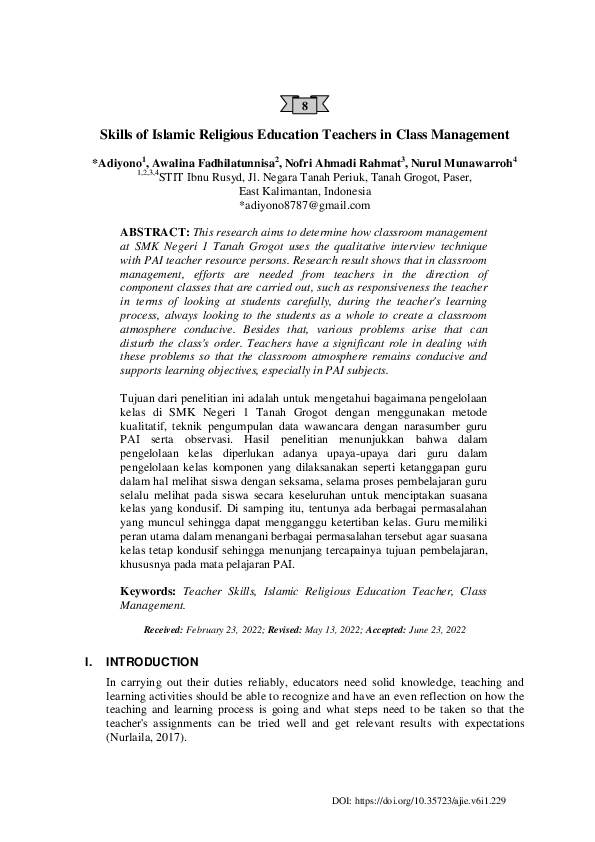 (PDF) Skills of Islamic Religious Education Teachers in Class Management