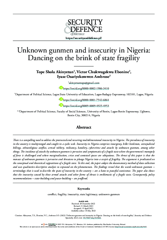 (PDF) Unknown gunmen and insecurity in Nigeria: Dancing on the brink of ...