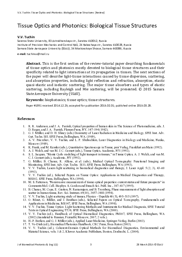 (PDF) Tissue Optics and Photonics Biological Tissue Structures Valery Tuchin Academia.edu